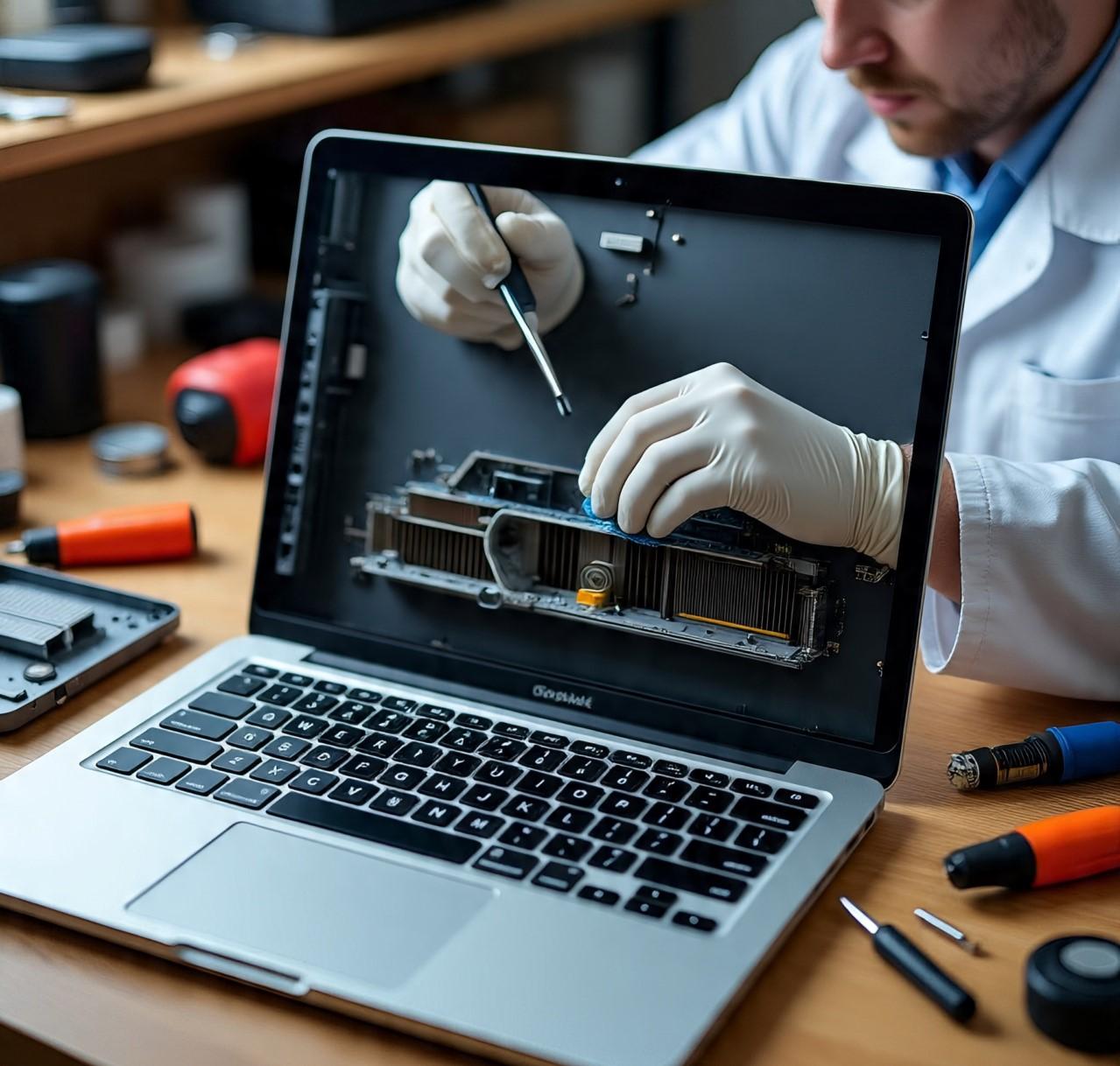 Technician cleaning laptop fans to fix overheating and slow performance