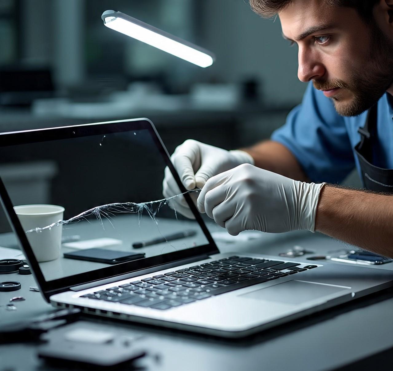 Technician replacing a broken laptop screen in a repair shop