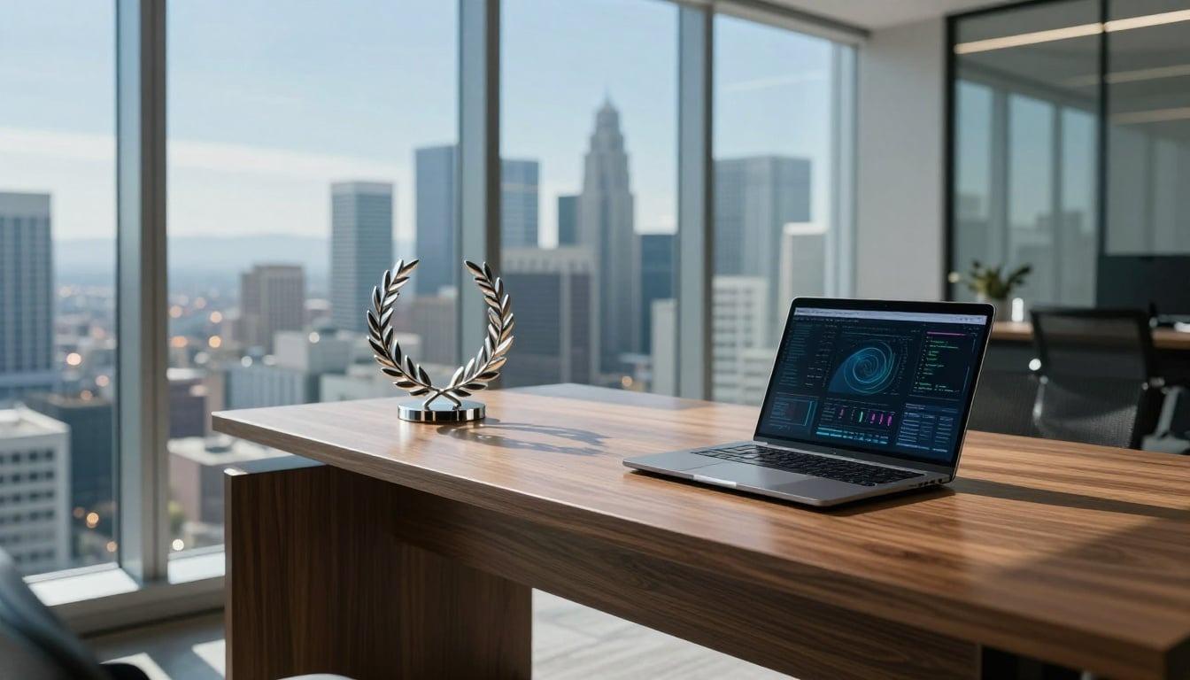 Vibrant Los Angeles skyline at dusk, symbolizing the city's dynamic media and entertainment hub